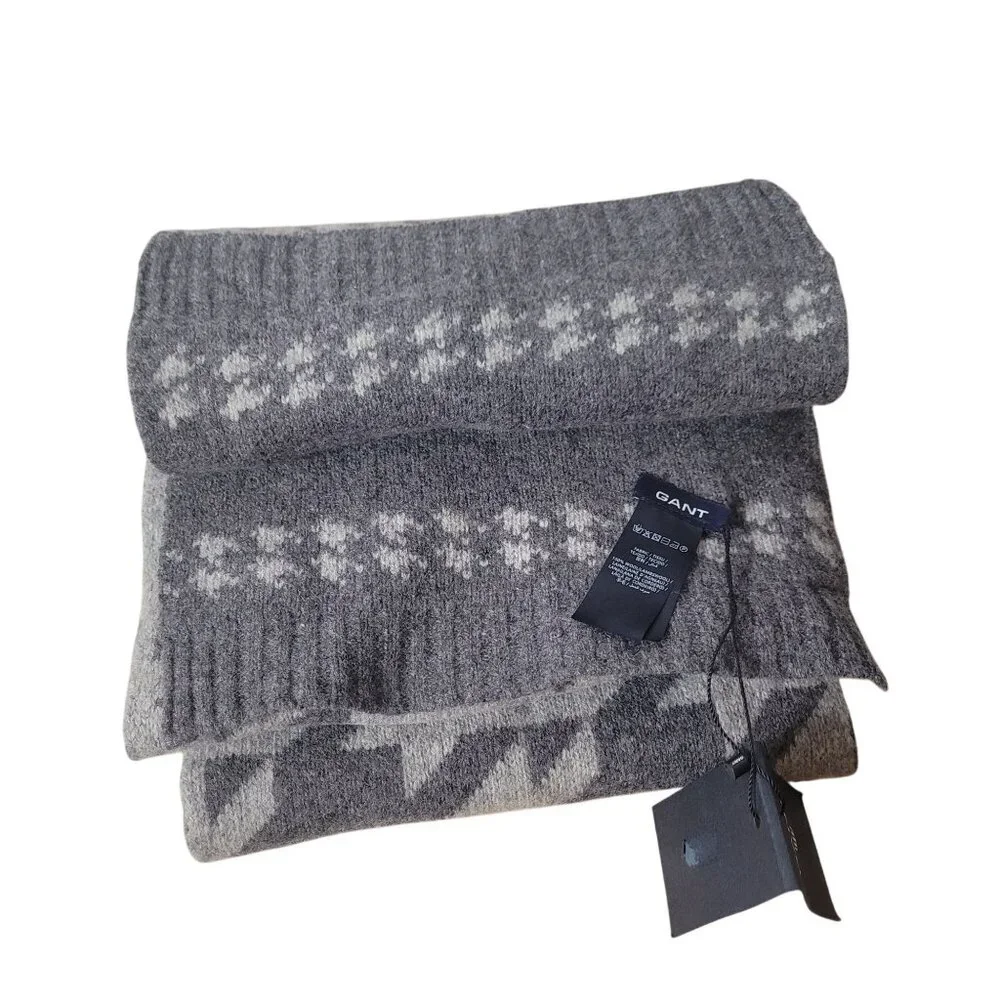 Gant Men's Houndstooth Scarf Gray 100% Lambswool Classic Winter Accessory